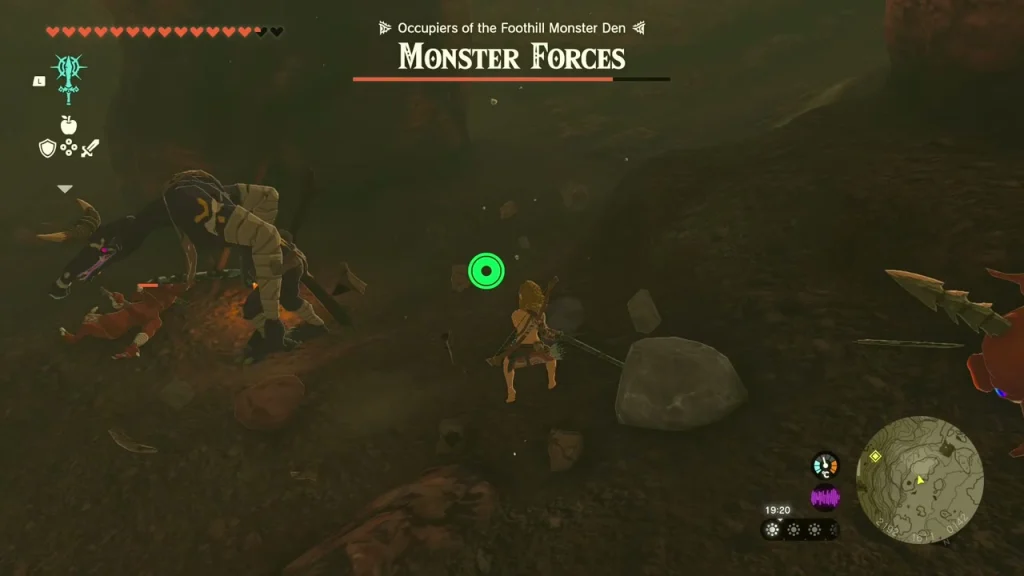 Clubs and spears lying on the den floor beside a Moblin camp
