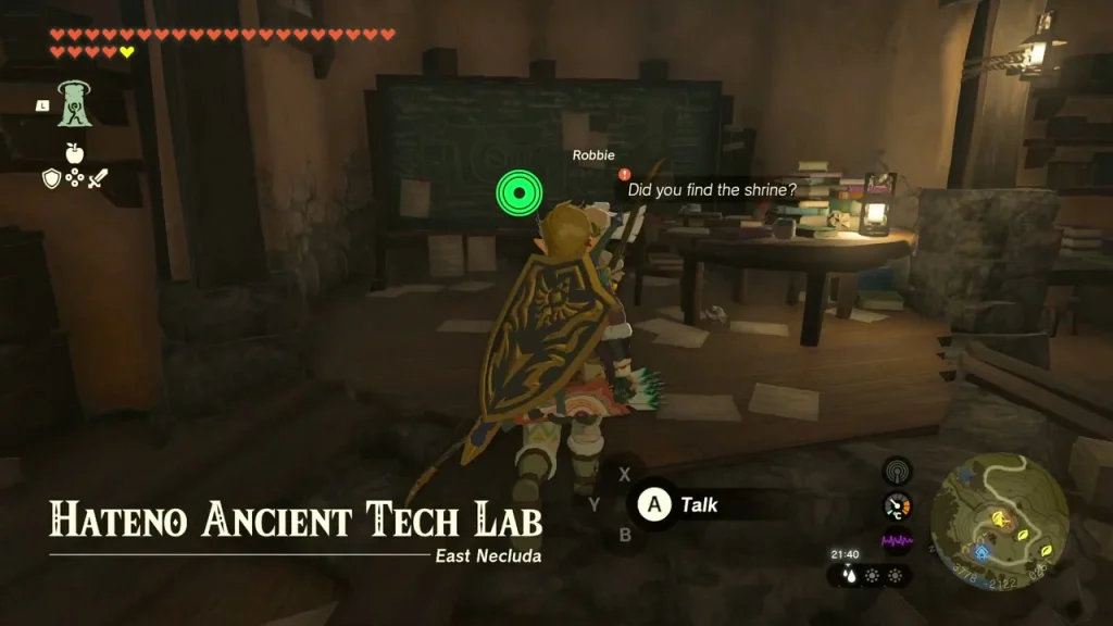 Robbie waiting inside the Hateno Ancient Tech Lab