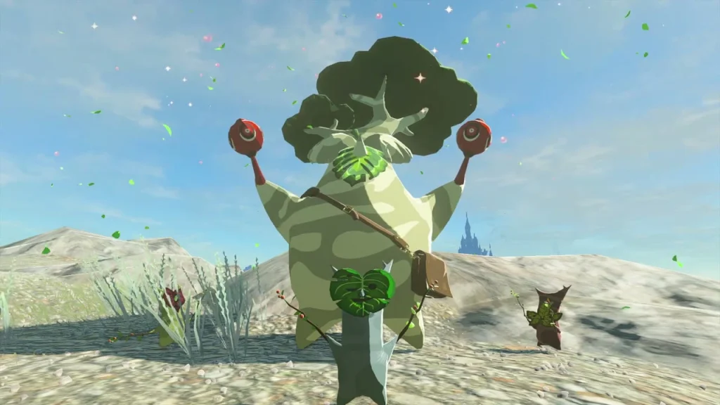 Hestu dancing with his maracas raised while leaves swirl around him Hestu dancing with his maracas raised while leaves swirl around him