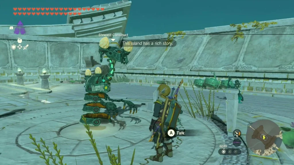 Steward Construct on the Temple of Time roof with a Talk prompt Steward Construct on the Temple of Time roof with a Talk prompt