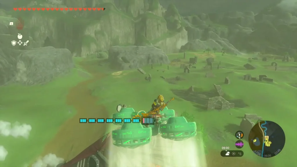 Zonai fan glider flying up toward the roof of Dueling Peaks Stable