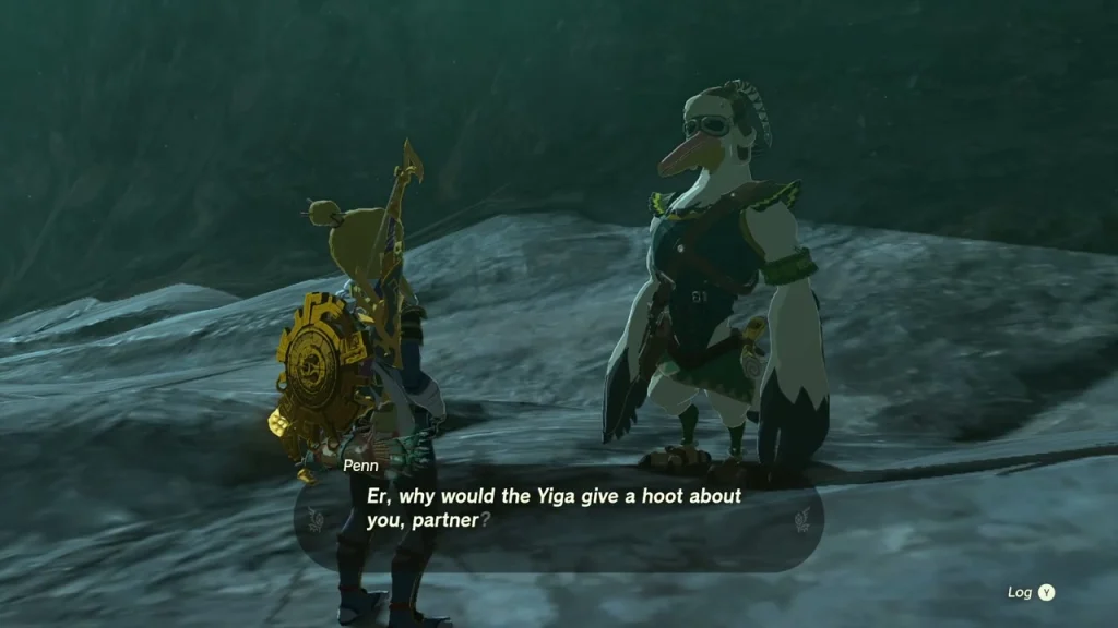 Penn standing on the rocks of the hollow beside Link after the Yiga flee