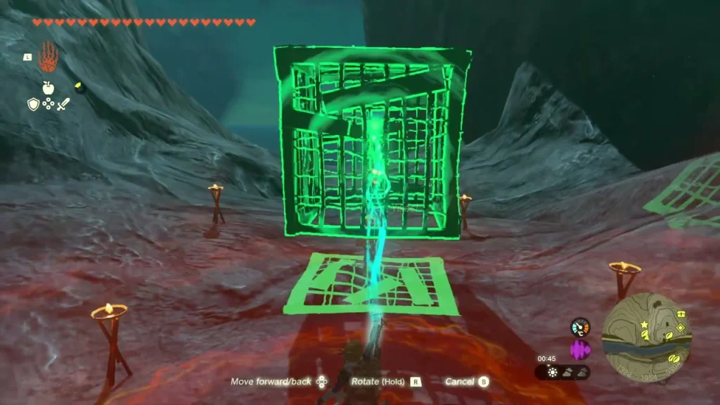 Cage highlighted green and lifted with Ultrahand over a red-stained floor
