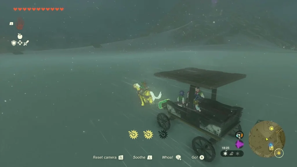 Horse towing the roofed wagon through the snow