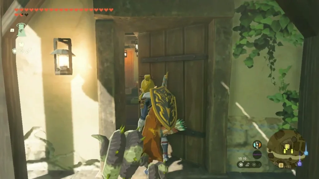 Door of Ventest Clothing in Hateno Village with a hanging lantern Door of Ventest Clothing in Hateno Village with a hanging lantern
