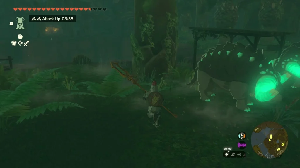 Dondon sanctuary in Bronas Forest with a Dondon glowing green beneath the shelter Dondon sanctuary in Bronas Forest with a Dondon glowing green beneath the shelter