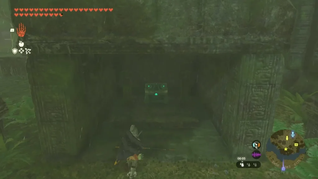 Raised stone slab with a glowing green door gap beneath it Raised stone slab with a glowing green door gap beneath it