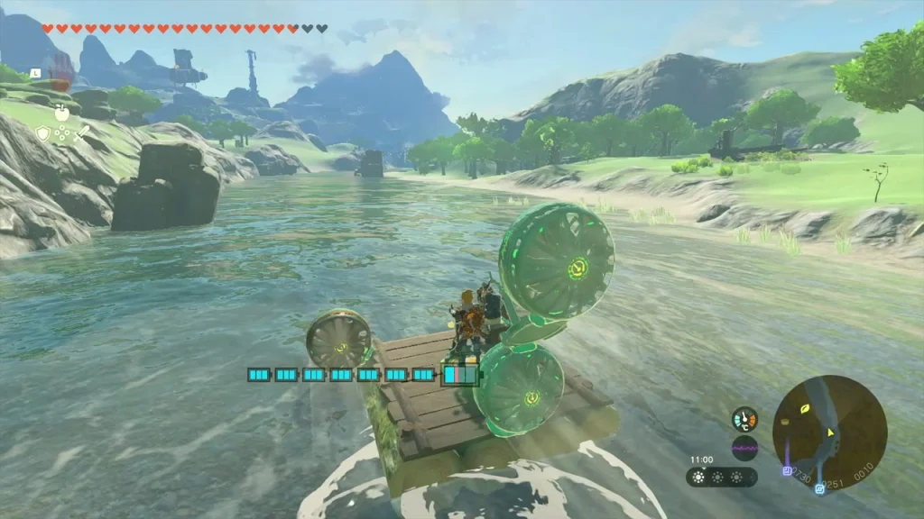 Fan-powered raft with passengers speeding down the river