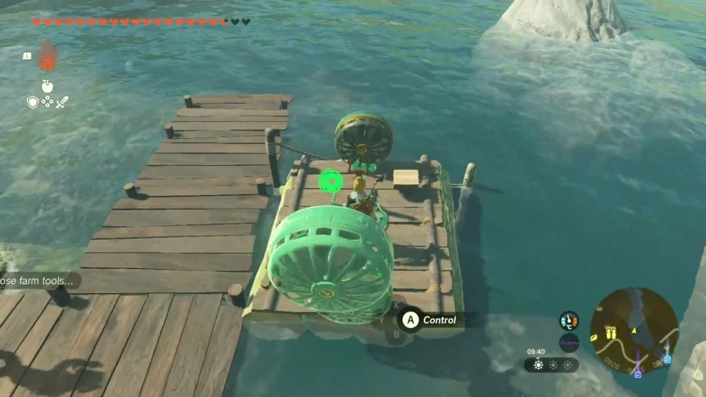 Raft with a Zonai fan and control stick attached