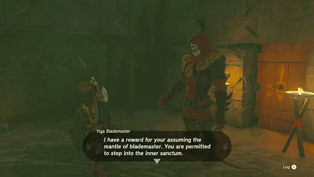Yiga Blademaster beside a torch and wooden door at the station Yiga Blademaster beside a torch and wooden door at the station