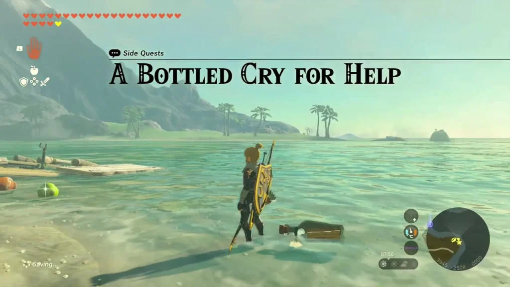 Bottled Letter floating in the shallows with the quest title shown