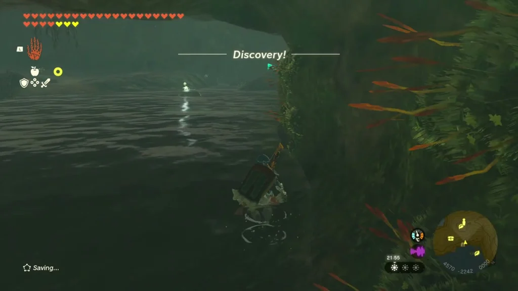 Brightbloom Seeds floating on dark water leading toward the cliff