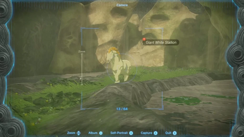 Giant White Stallion framed in the Camera beside carved rock faces