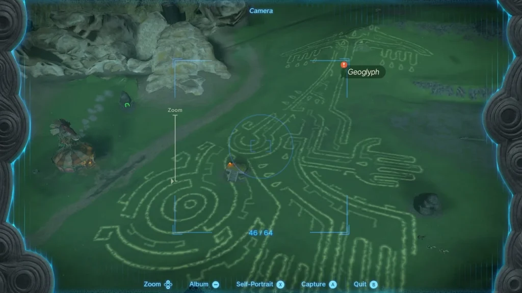 Camera view from above showing the whole geoglyph pattern in the grass