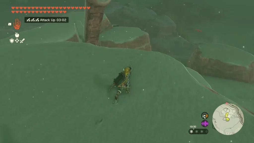 Snowy Gerudo Highlands summit slope with the sword hilt visible above