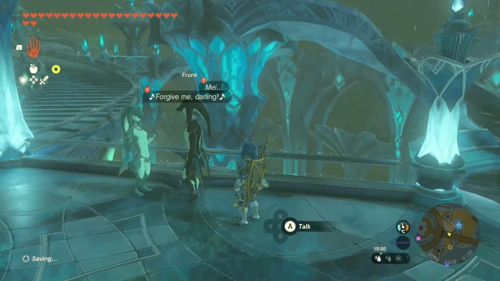Fronk and Mei reunited on the walkway in Zora's Domain Fronk and Mei reunited on the walkway in Zora's Domain