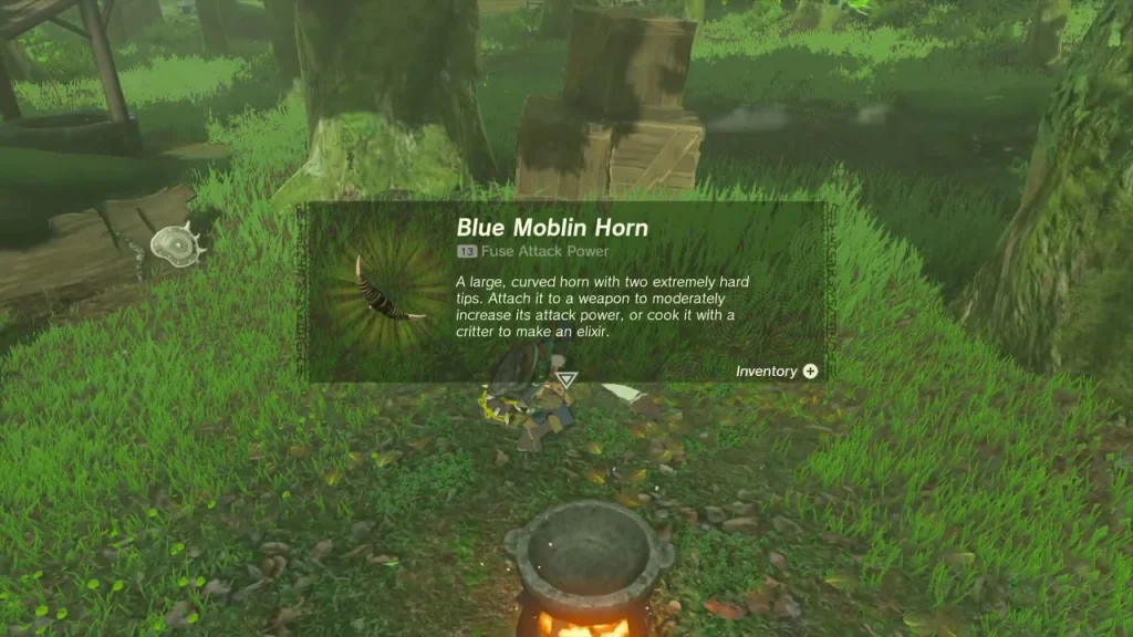 Blue Moblin Horn item box picked up beside a cooking pot at the camp Blue Moblin Horn item box picked up beside a cooking pot at the camp