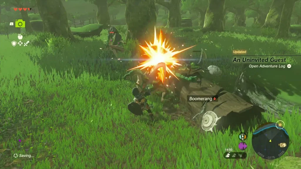 Boomerang lying on a fallen log after the Blue Moblin is defeated, quest update shown Boomerang lying on a fallen log after the Blue Moblin is defeated, quest update shown