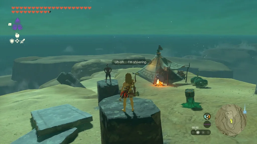 Standing on the pillar with the campfire below