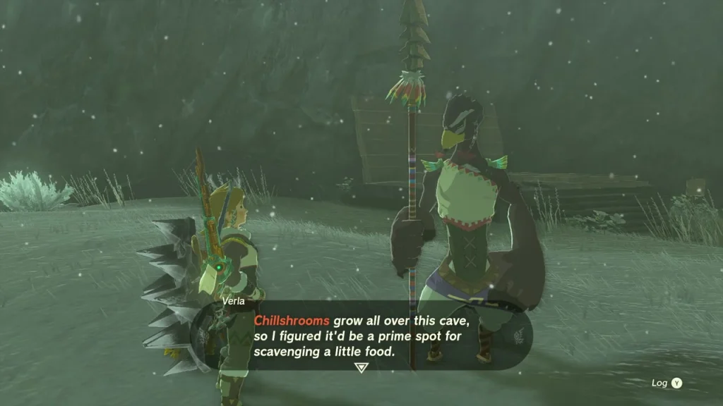 Verla the Rito standing in the snow beside a wooden ramp
