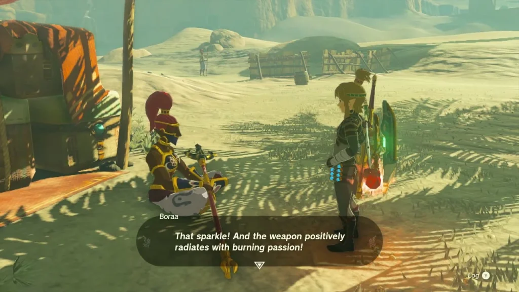 Ruby-fused weapon held up in front of Boraa Ruby-fused weapon held up in front of Boraa