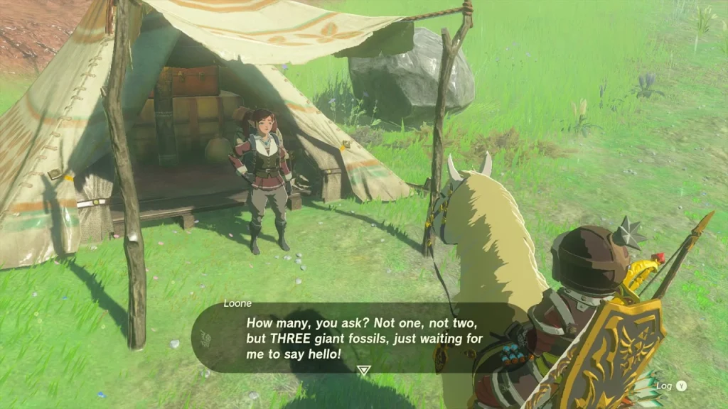 Loone beside her tent describing the three giant fossils Loone beside her tent describing the three giant fossils