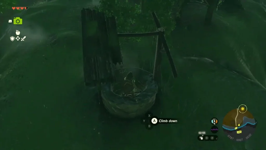 Stone well with a wooden frame and the Climb down prompt at its rim Stone well with a wooden frame and the Climb down prompt at its rim