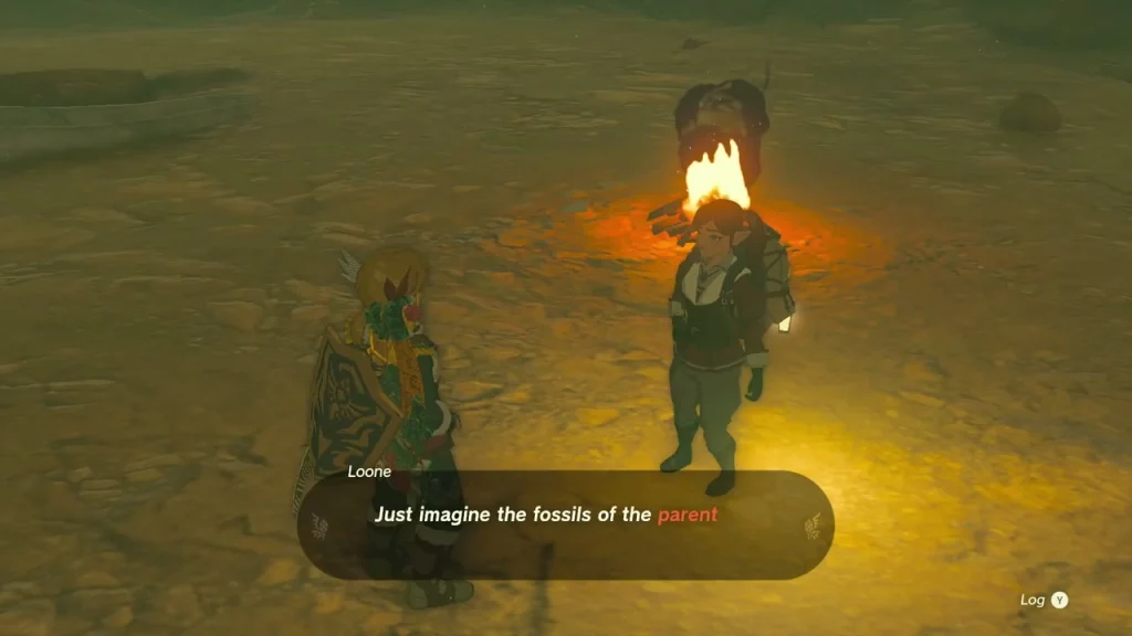 Loone explaining the baby leviathan skull beside the campfire