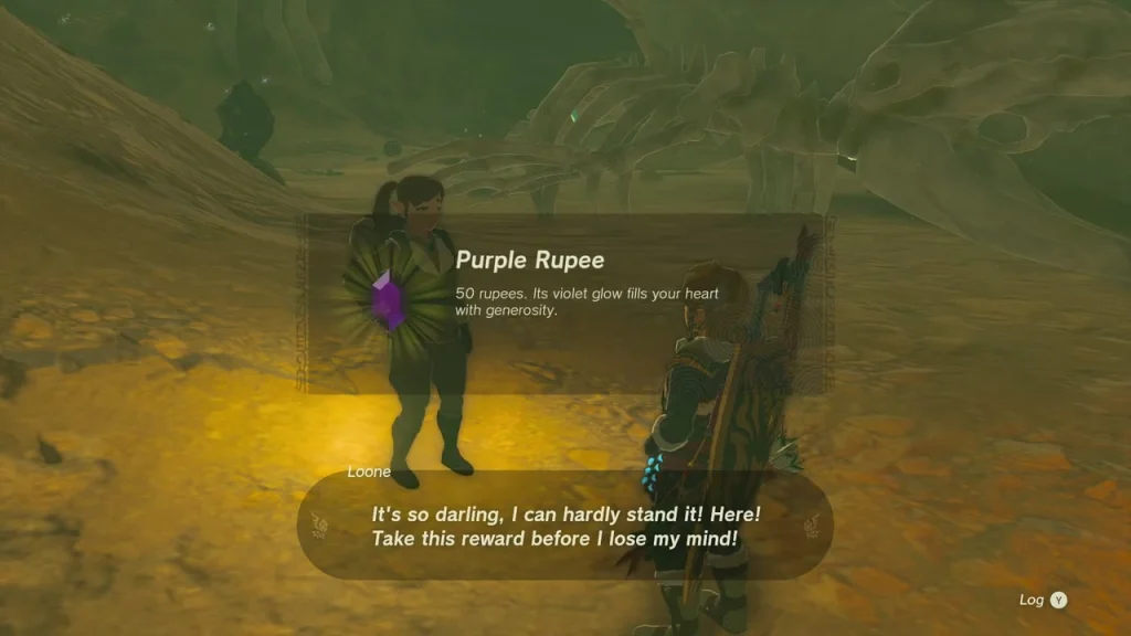 Purple Rupee item box worth 50 rupees held in front of Loone