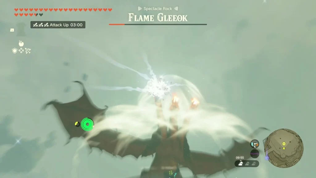 Flame Gleeok flying away through a bank of cloud
