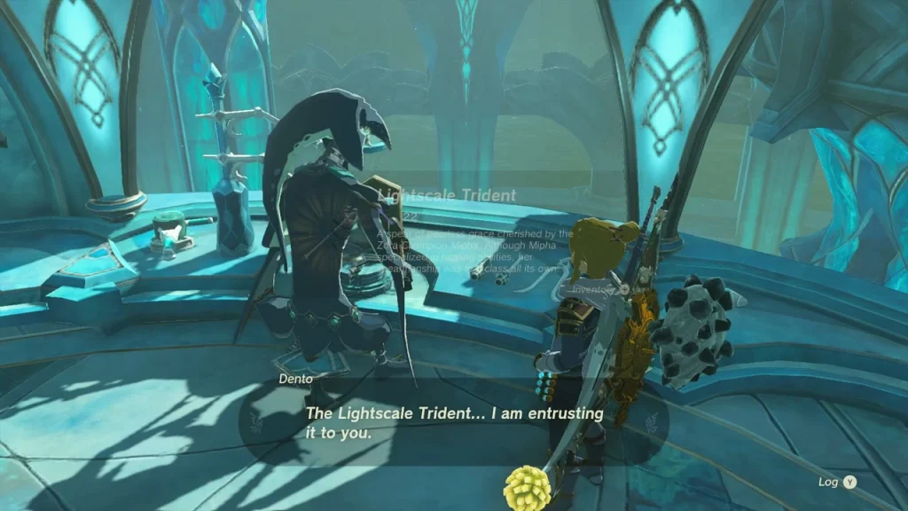 Dento presenting the newly forged Lightscale Trident
