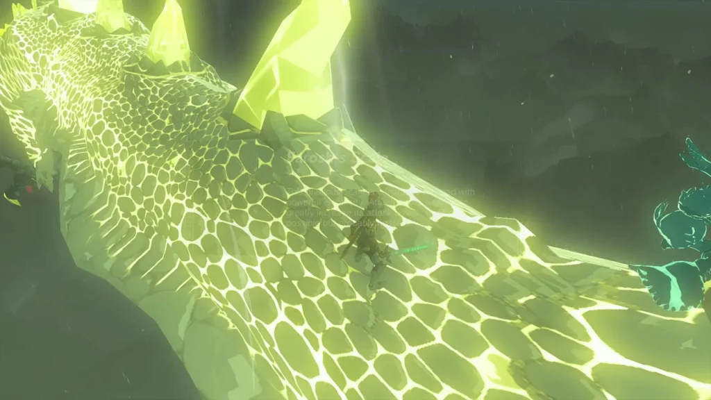 Farosh's glowing scaled body with yellow crystals in the sky