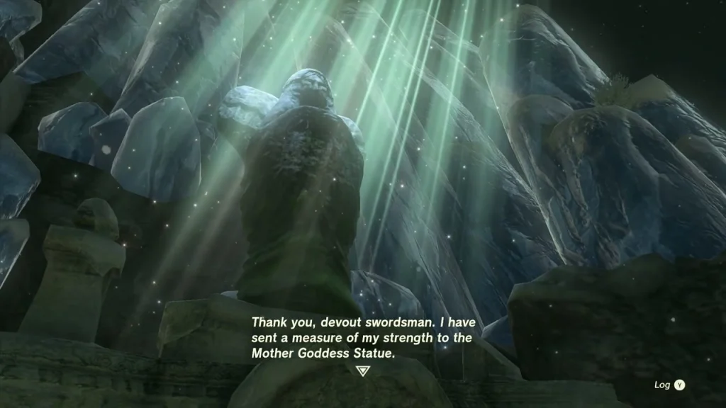 Goddess Statue in beams of light after Naydra's Claw is offered at the spring Goddess Statue in beams of light after Naydra's Claw is offered at the spring