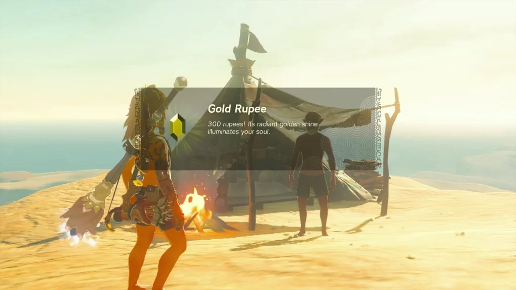 Gold Rupee item box above Rahdo's campfire and tent Gold Rupee item box above Rahdo's campfire and tent