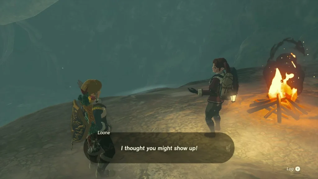 Loone waiting beside her campfire inside the Hebra Great Skeleton cave