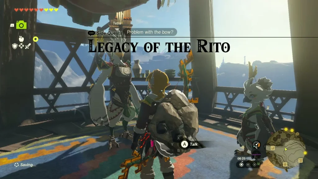 Teba beside a Talk prompt on the top platform, with the quest title shown Teba beside a Talk prompt on the top platform, with the quest title shown