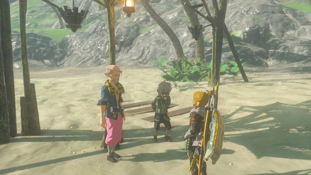 Bolson and Rozel talking under a beach awning in Lurelin Village