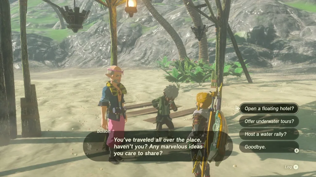 Dialogue choices including Host a water rally with Bolson on the beach