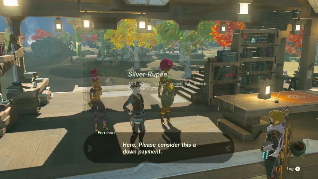 Silver Rupee item box above Fernison as she pays you the down payment