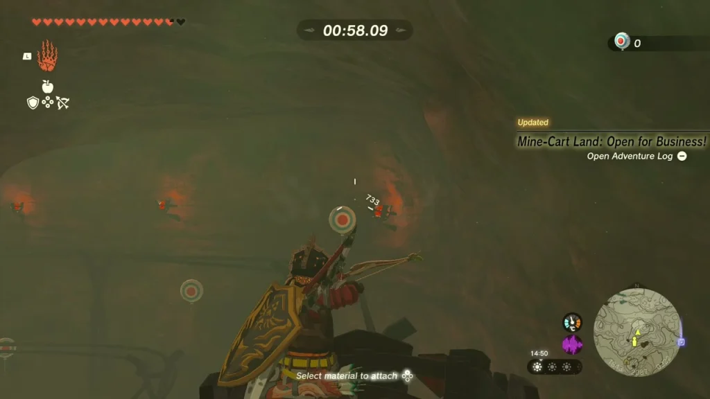 Archery target hanging above the tracks with the countdown timer