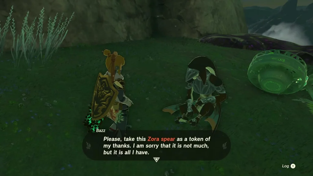 Freed Zora holding out a Zora Spear near the tower Freed Zora holding out a Zora Spear near the tower
