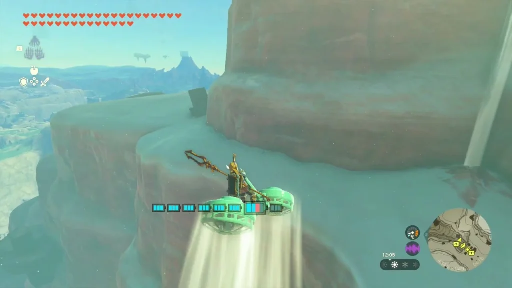 Fan-powered glider ascending the snowy cliffs of Hemaar's Descent