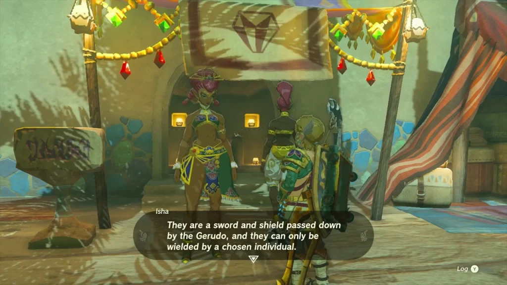 Isha at her stall in Gerudo Town explaining the arms of the Seven Isha at her stall in Gerudo Town explaining the arms of the Seven
