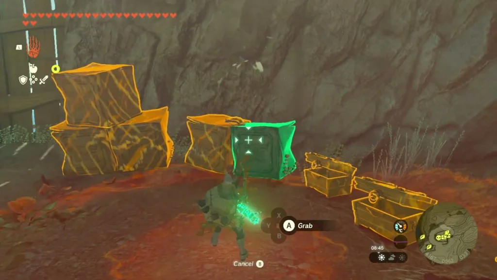 Crates lifted with Ultrahand beside two chests under the rock wall Crates lifted with Ultrahand beside two chests under the rock wall