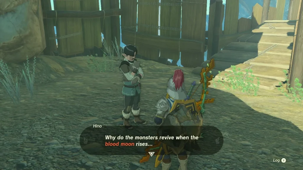 Hino, a Hylian in a grey tunic, standing in the fort courtyard after being freed Hino, a Hylian in a grey tunic, standing in the fort courtyard after being freed