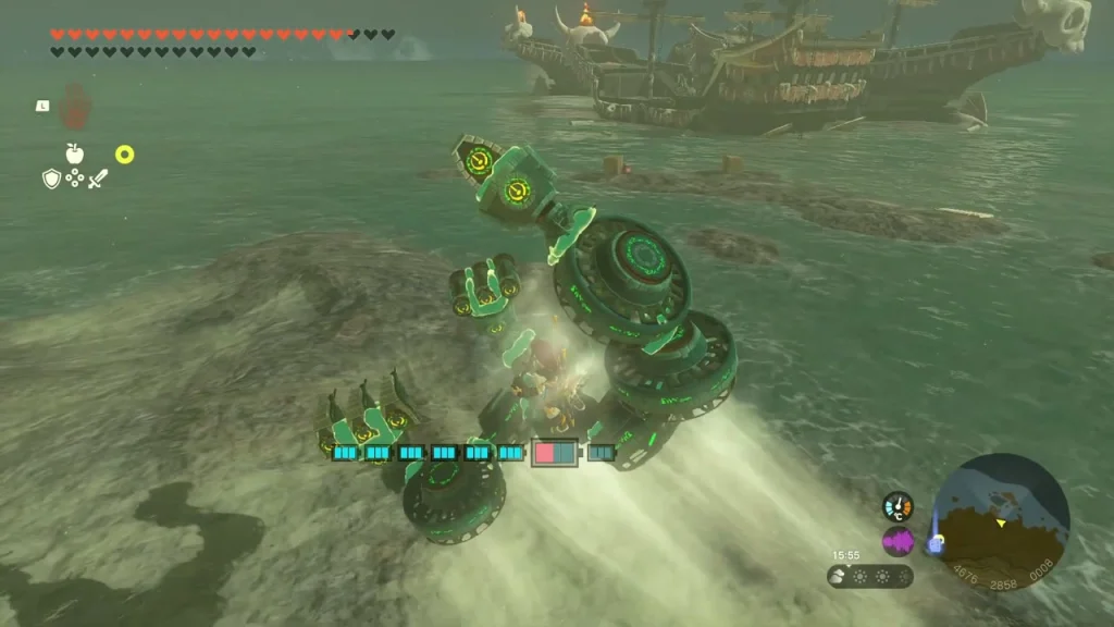 Zonai fan-powered craft crossing the Akkala Sea toward the pirate ships