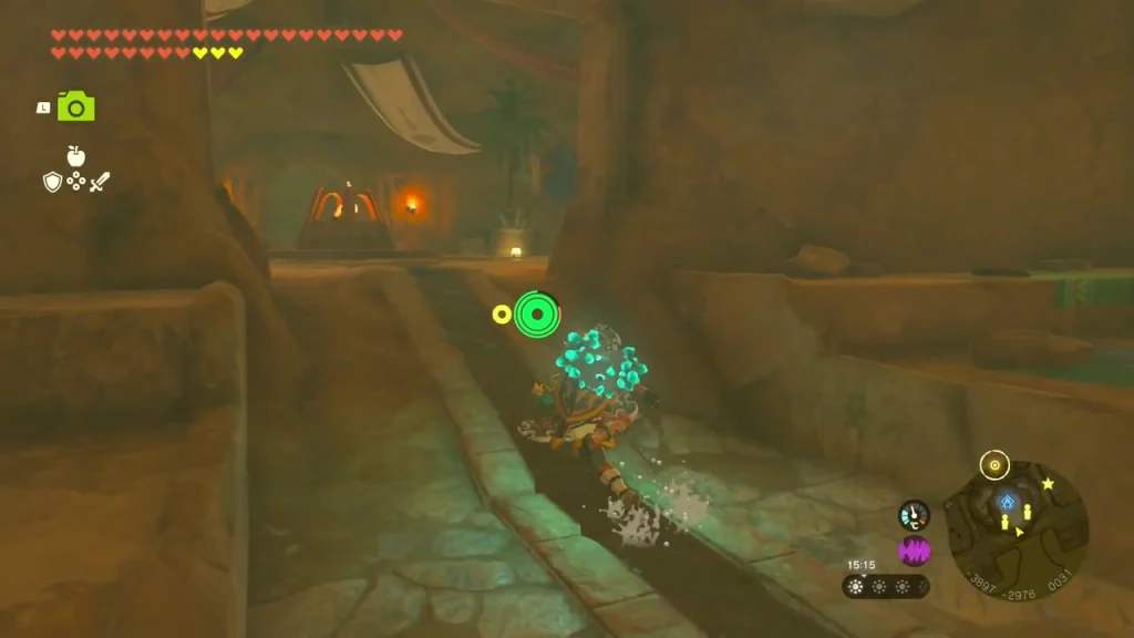 Narrow stone corridor in Gerudo Shelter leading to a stela Narrow stone corridor in Gerudo Shelter leading to a stela