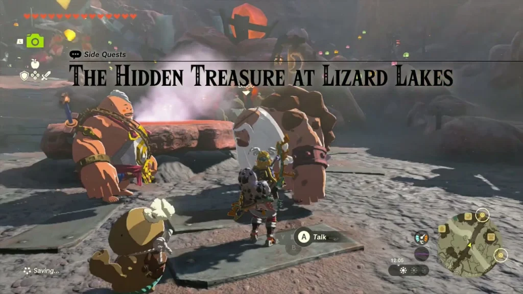 Bludo and Yunobo beside the glowing Marbled Rock Roast in Goron City Bludo and Yunobo beside the glowing Marbled Rock Roast in Goron City