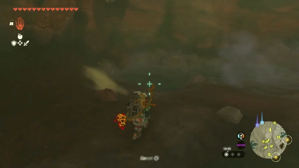Dim cave tunnel inside Lizard Burrow with a bow aimed along it Dim cave tunnel inside Lizard Burrow with a bow aimed along it
