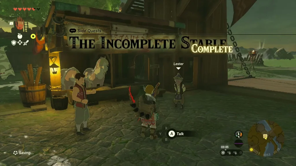 Lester at the finished stable with the quest complete banner